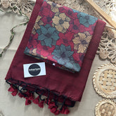 Marun Handloom Khadi Cotton Saree With White Colour Print Blouse